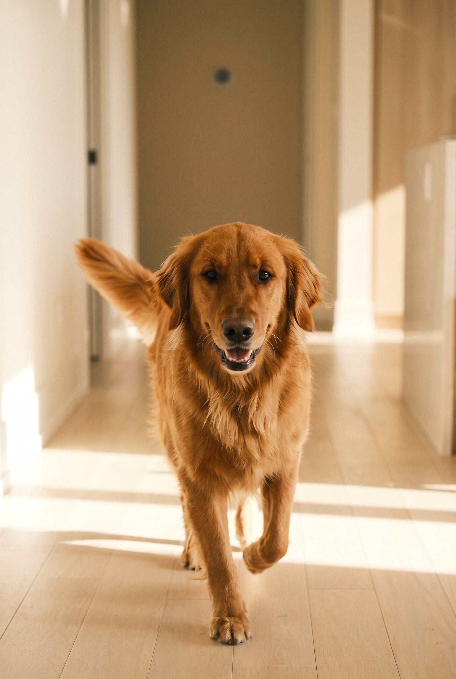 Reine, a red-gold golden retriever, mid-stride and pleased with herself.
